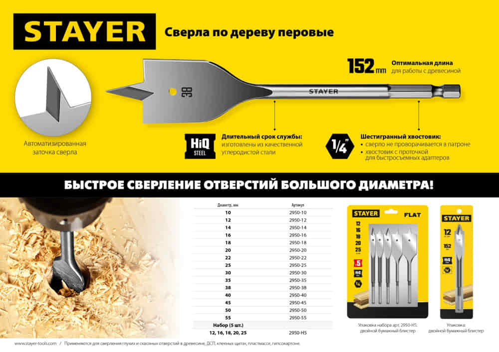 STAYER FLAT 50x152мм, сверло по дереву перовое